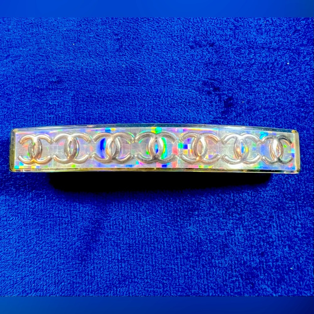 CHANEL Silver Monogram CC Holographic Lucite Hair Clip